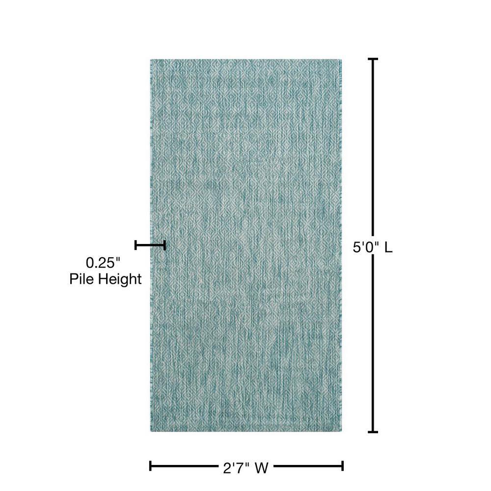 Aqua Rectangular Synthetic Flat Woven Reversible Rug, 60" x 31"