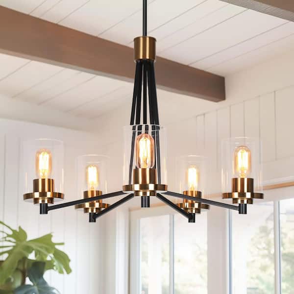 Modern Farmhouse 5-Light Sputnik Brass Chandelier Lighting with Clear Glass, Black Pendant Hanging Light for Dining Room
