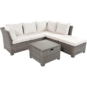 6-Piece PE Wicker Outdoor Sofa Set with 2 Corner Chairs 2 Single Chairs1 Ottoman and 1 Storage Table Beige Cushions