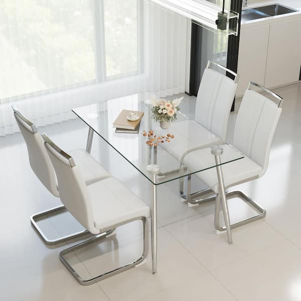 Silver Tempered Glass 51 in. W 4 Legs Base Dining Table for 4-6 People Kitchen or Home Office