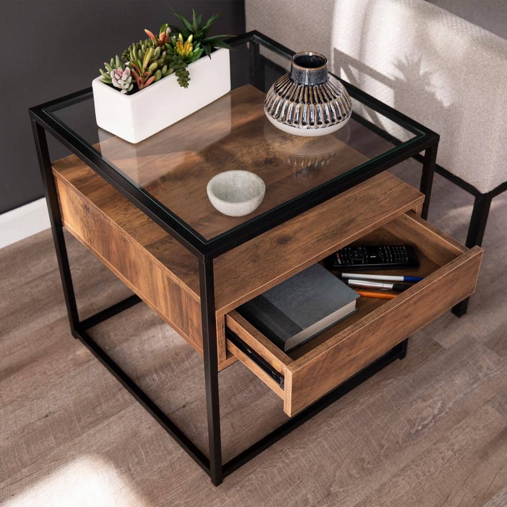 Winnifred Black and Natural Glass-Top Storage End Table - thumbnail 6