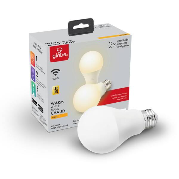 Globe Electric A19-Shape E26-Base Wi-Fi Smart Dimmable Soft-White 60-Watt-Equivalent Frosted LED Light Bulbs, 2 Pack