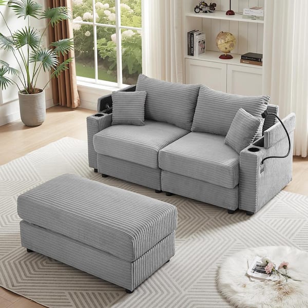 Harper & Bright Designs 72.8 in. Corduroy Sectional Sofa in Gray with Ottoman, Storage Armrests, 2 USB Ports, 2 Cup Holders and Phone Holder