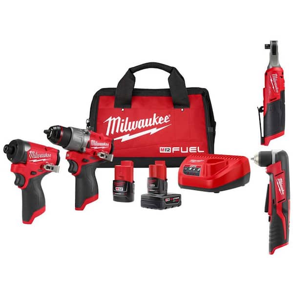 Milwaukee M12 FUEL 12-Volt Li-Ion Brushless Cordless Hammer Drill & Impact Driver Combo Kit w/2 Batteries, 3/8 Ratchet & RA Drill