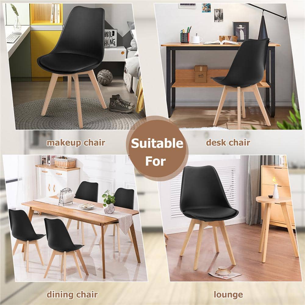Set of 4 Black Upholstered Leather Side Chairs with Wood Legs