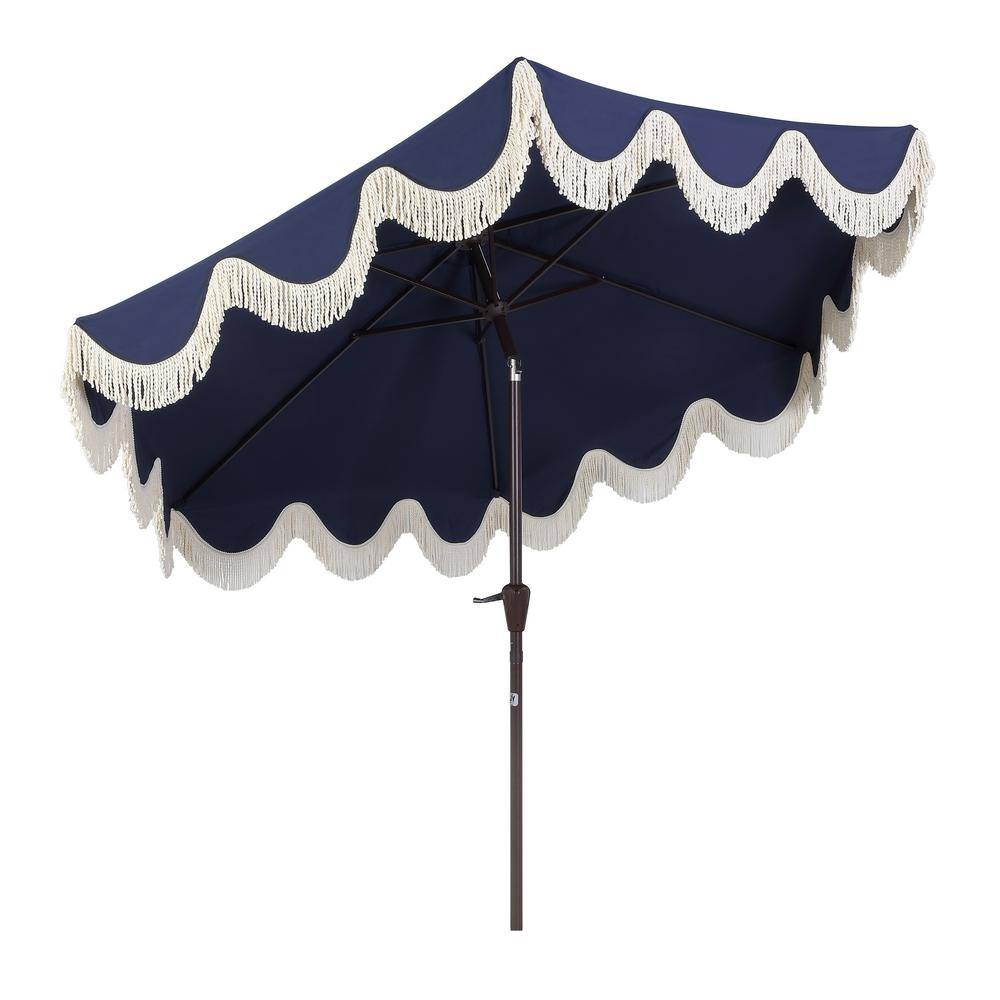 Navy and Cream 9 ft. Cottage Tassel Patio Umbrella