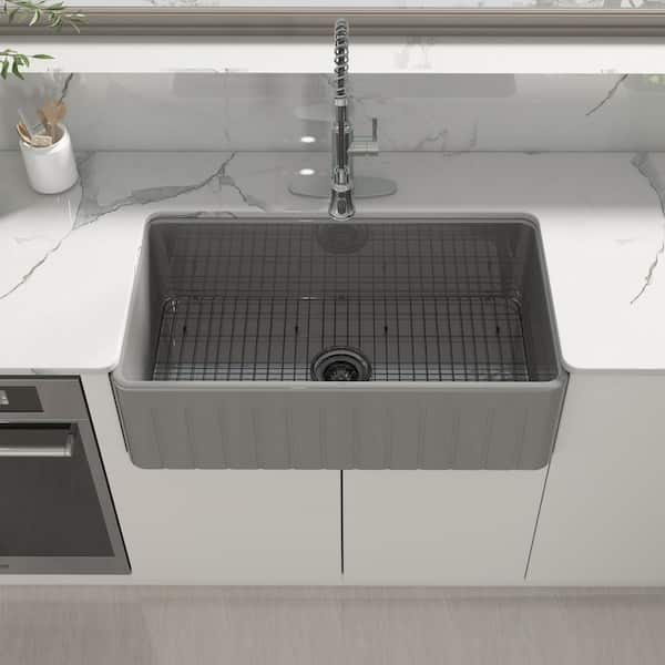 33 in. Farmhouse/Apron-Front Single Bowl Matte Gray S2 Fine Fireclay Kitchen Sink with Bottom Grid and Strainer Basket