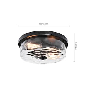 Lumin 13 in. 2-Light Matte Black Smart Flush Mount with Drum Clear Hammered/Water Ripple Glass Shade