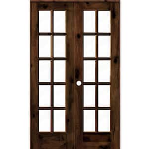 48 in. x 80 in. Knotty Alder Right-Handed 10-Lite Clear Glass Red Mahogany Stain Wood Double Prehung French Door
