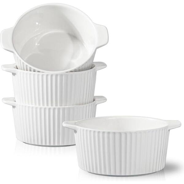 4-Pack White Ceramic Ramekins with Handles Heat-Resistant Porcelain for Baking French Onion Soup Souffle Cakes