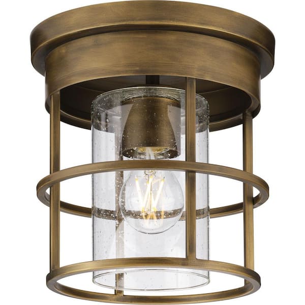Progress Lighting Burgess Collection 9 in. 1-Light Aged Bronze Modern Farmhouse Flush Mount with a Clear Seeded Glass Shade