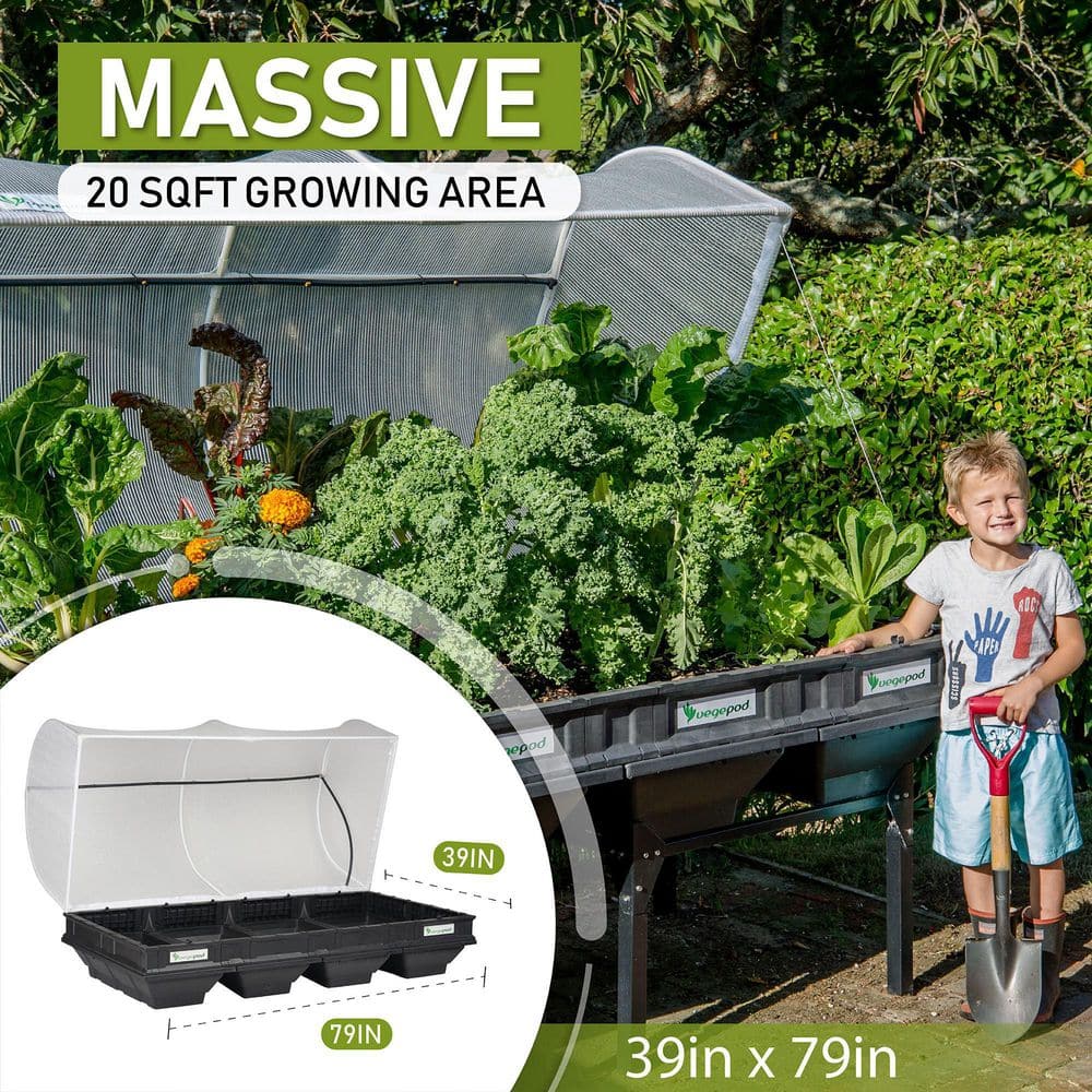 Large Black Self-Watering Raised Garden Bed with Protective Cover