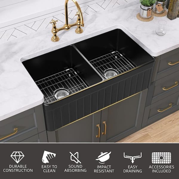 Rectangular Apron Front Farmhouse Kitchen Sink 33 in. Double Bowl Black Fireclay Kitchen Sink with Grids and Strainer