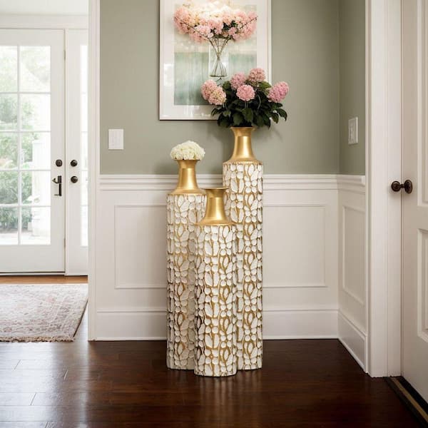 Avex 24/28/32 in. H Gold White Metal Cylinder Decorative Vase Set (3-Pieces)
