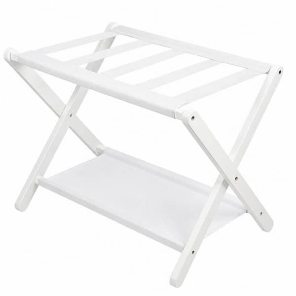 White Bamboo Luggage Rack w/ Storage Shelf for Guest Room, Bedroon and Hotel Holds up to 131 lbs. Fit Most Luggage Size