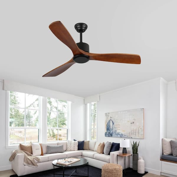 52 in. Modern Black Noiseless Solid Wood Brown 3 Blades Downrod Mount Standard Ceiling Fan with 2 Downrods and Remote