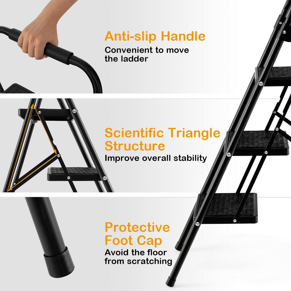 Black Metal Folding 3-Step Ladder with Anti-Slip Pedals