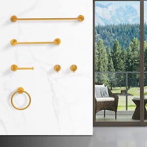 6 -Piece Bath Hardware Set with 2 Towel Bars/Racks, Toilet Paper Holder, 2 Towel/Robe Hooks, Towel Ring in Brushed Gold