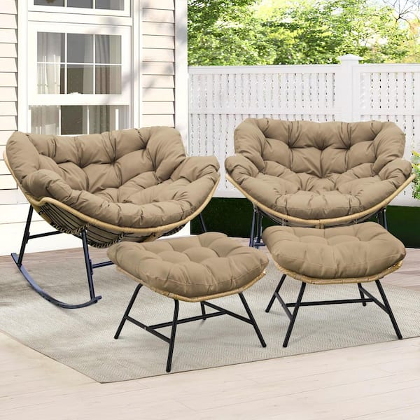 Unbranded 2-Pieces Oversized PE Wicker Outdoor Rocking Chair Papasan Lounge Chair with Brown 5.1 in. Thick Cushion and Ottoman