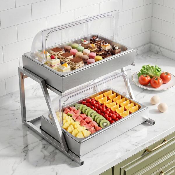 Countertop Food Serving Display Container, Stainless Steel, Buffet Condiment Servers, 2-Tier Tray with Roll-Top Cover