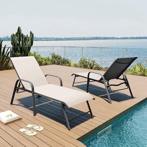 Champagne 2-Piece Aluminum Adjustable Outdoor Patio Chaise Lounge in New Beige with Armrest