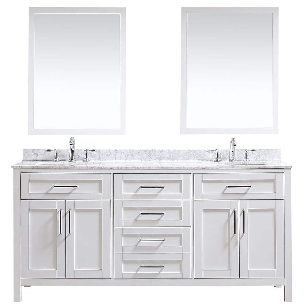 Ove Decors Wexford 72 In W Vanity In White With Carrara Marble Vanity Top In White With White Basins And Mirrors Vkcr Wexf72 007 The Home Depot