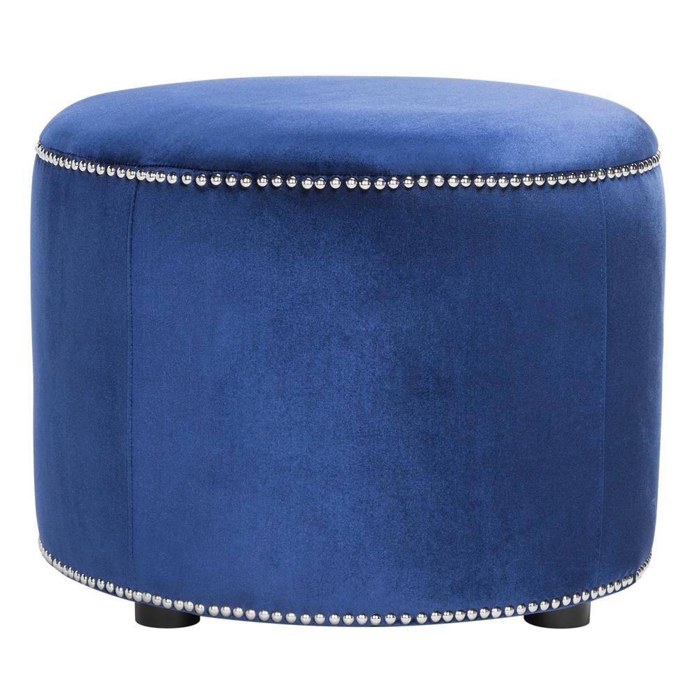 Transitional Royal Blue Velvet Round Ottoman with Nailhead Trim