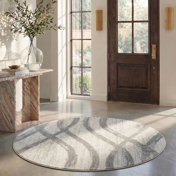Adirondack 10 ft. x 10 ft. Round Cream/Gray Waves Area Rug