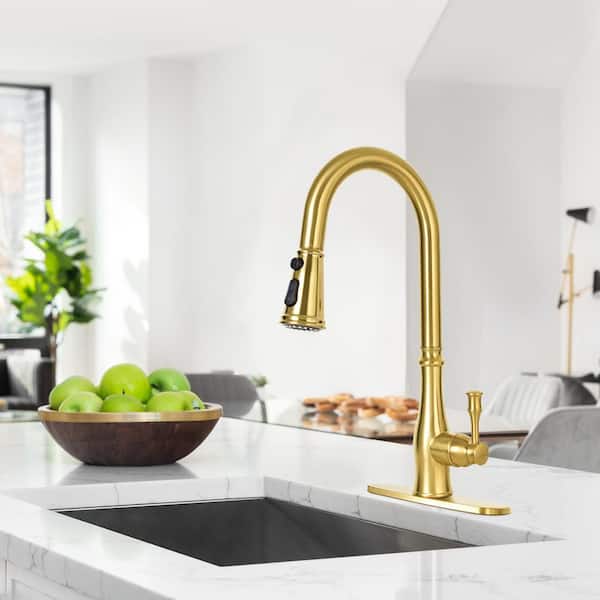 Akicon Brushed Gold 18.19 in. H Single-Handle Pull-Down Sprayer Kitchen Faucet with 360° Spout Swivel