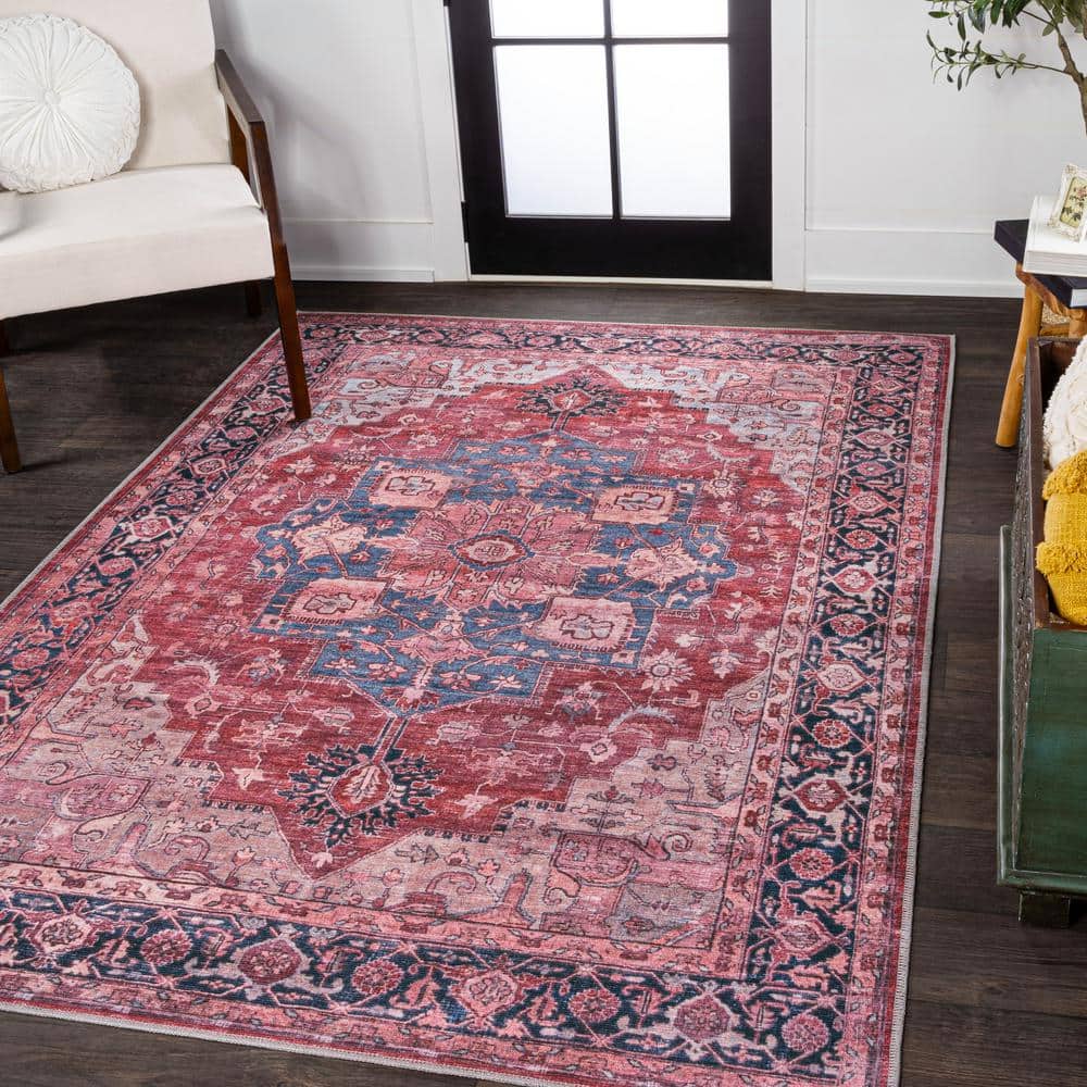 Maris Ornate Medallion Machine-Washable Red/Black/Blue Chenille 4' x 6' Area Rug