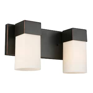 Ciara Springs 12.99 in. W x 7.01 in. H 2-Light Oil Rubbed Bronze Bathrooom Vanity Light with Frosted Glass Square Shades