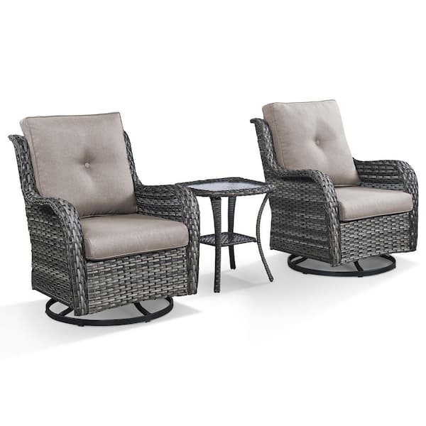 3-Piece Gray Wicker Patio Conversation Set Outdoor Rocking Chair and Side Table with Beige Cushions