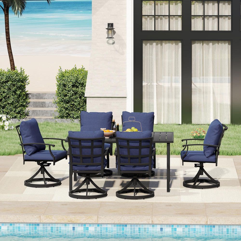 Verdant Cove 7-Piece Black Metal Outdoor Dining Set with Rectangular Table, 6 Swivel Dining Chairs and Blue Cushions price history on PriceWatchPro