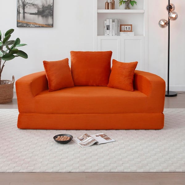 67 in. Modern Orange Corduroy Twin Size Convertible Circular Sofa Bed with 3-Pillows