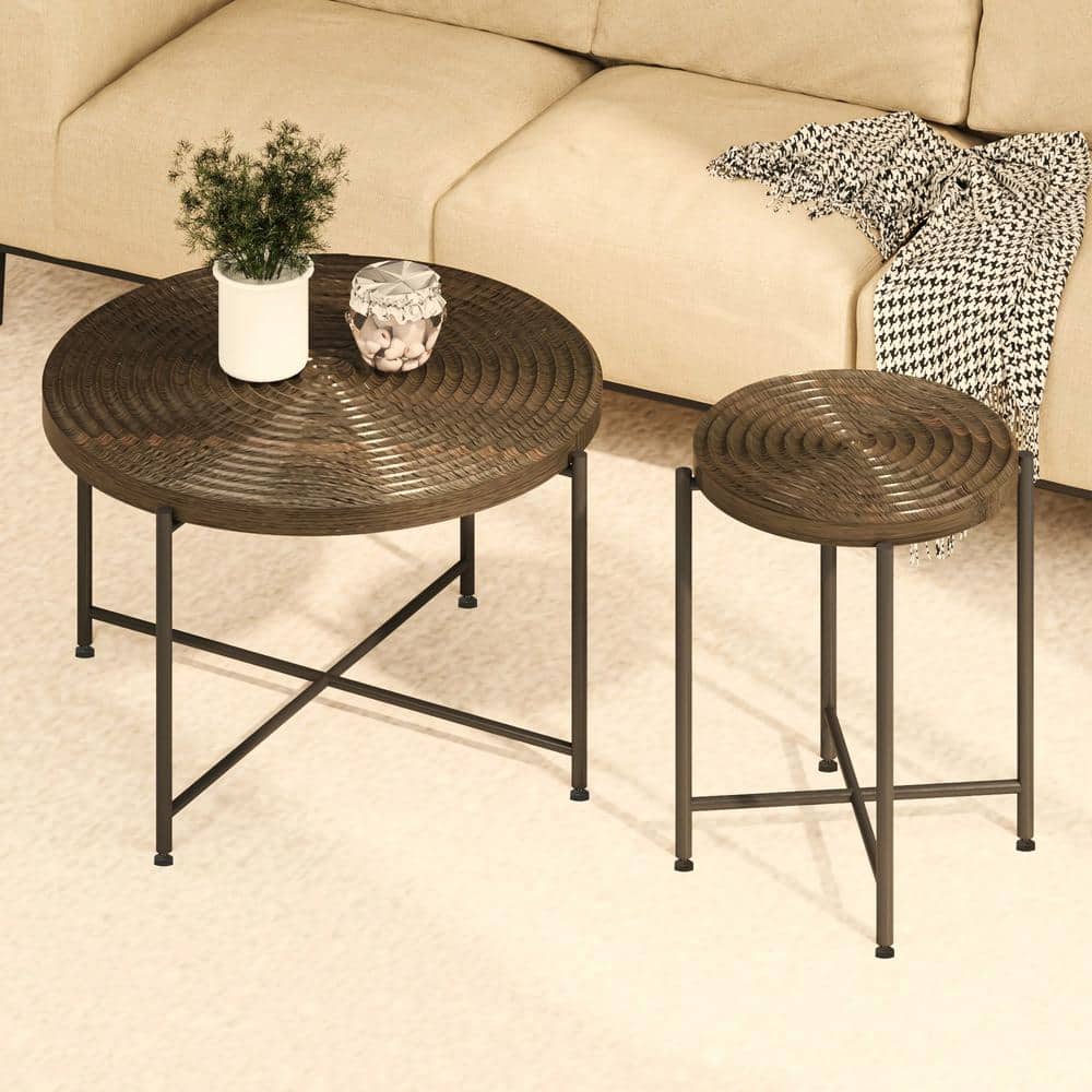 2-Pieces Round Outdoor Coffee Table, MDF End Table Set, Distressed Cylindri