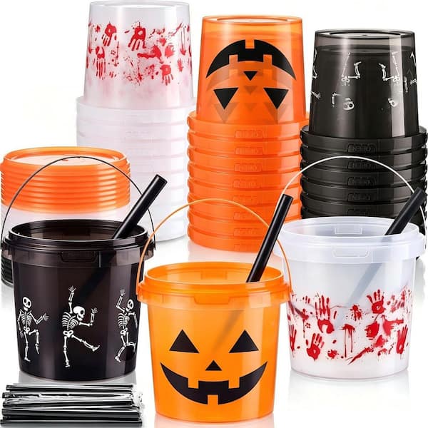 24-Pieces Halloween 4.21 in. 22 fl. oz. Plastic Drink Buckets, Pumpkin Ghost Skeleton Cups with Lids, Straws and Handles