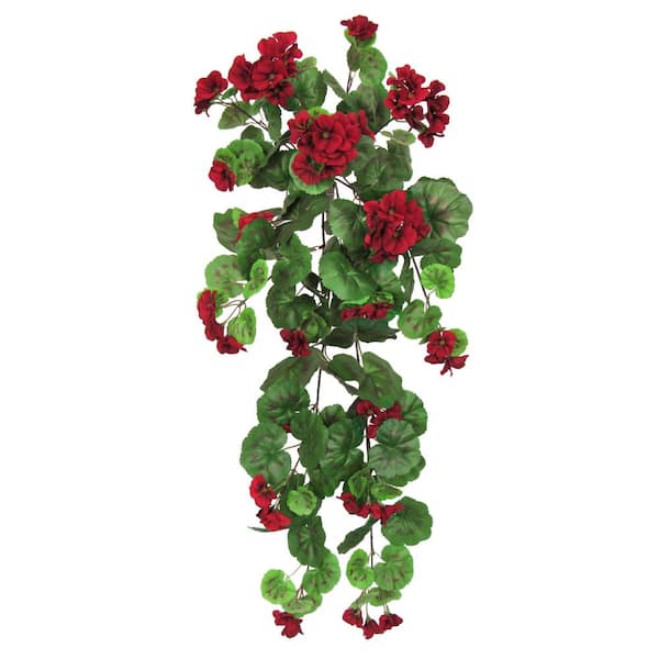 LIVING LUXURY 30 in. Red Artificial Geranium Flower Stem Hanging Spray Bush