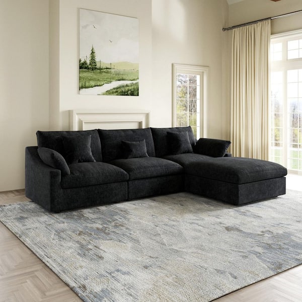 119 in. Square Arm Linen 4-Piece Free Combination Comfy Couch Cloud Modular Sectional Sofa with Ottoman in Black