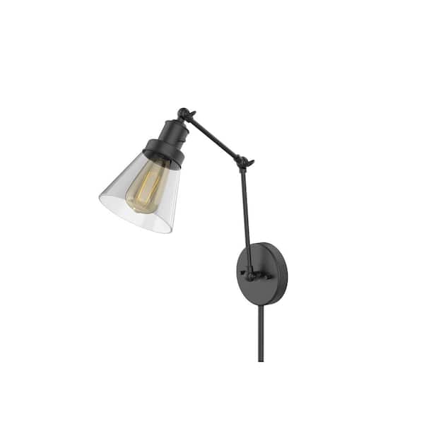 Photo 1 of 1-Light Black Plug-In or Hardwired Swing Arm Wall Lamp with 6 ft. Fabric Cord and Glass Shade