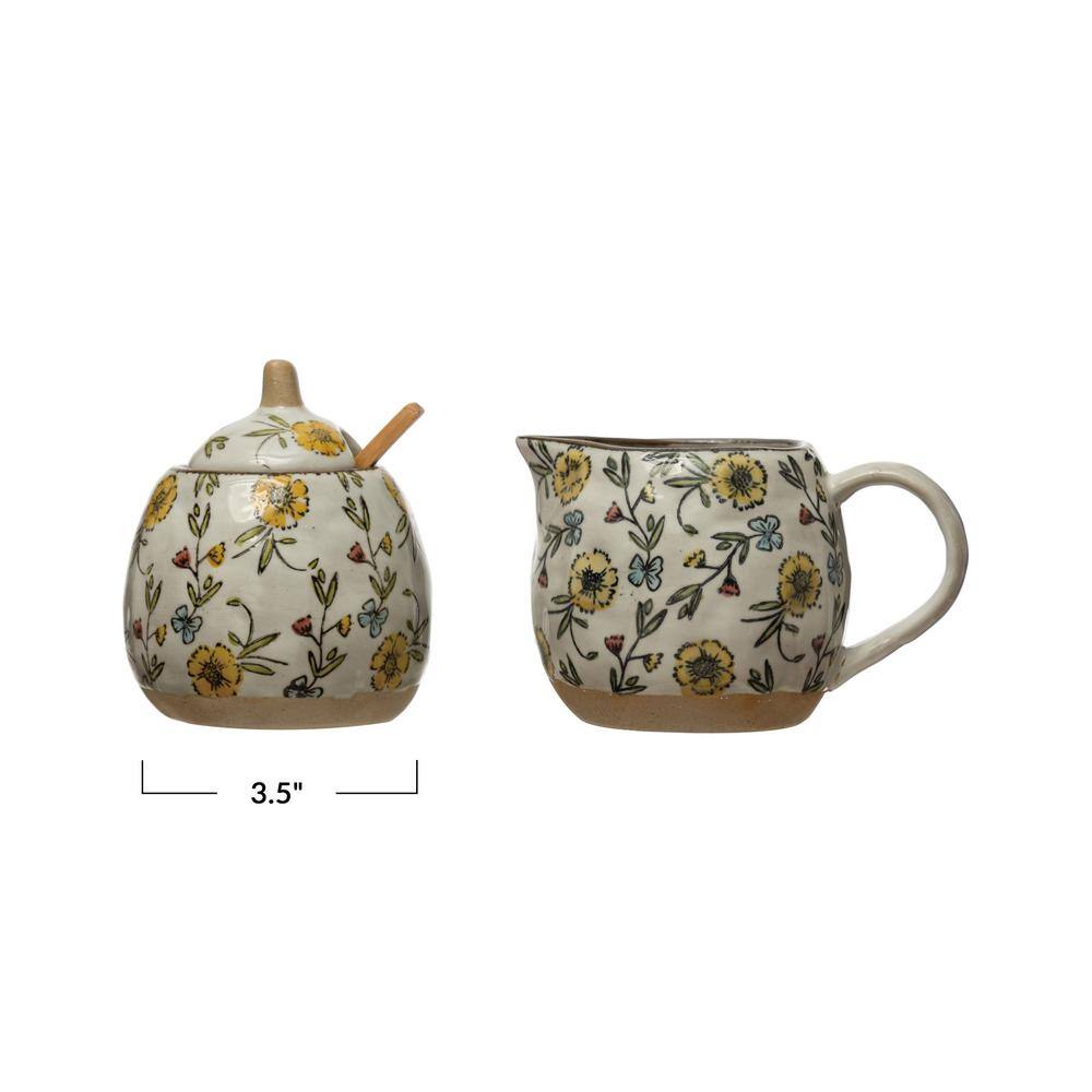 Hand-Painted Floral Stoneware Sugar and Creamer Set with Spoon