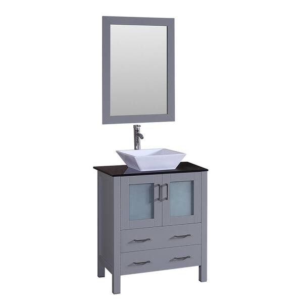 Bosconi Bosconi 30 in. Single Vanity in Gray with Vanity Top in Black with White Basin and Mirror