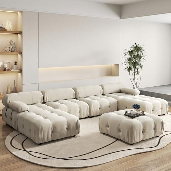Chameleon 138 in. Square Arm 7-piece Modern Velvet Modular Combination Sectional Sofa Couch with 3 Ottomans in Beige