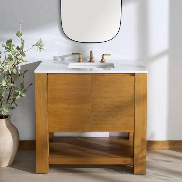 Bertino 36 in. Single Sink Light Oak Bath Vanity with White Marble Top