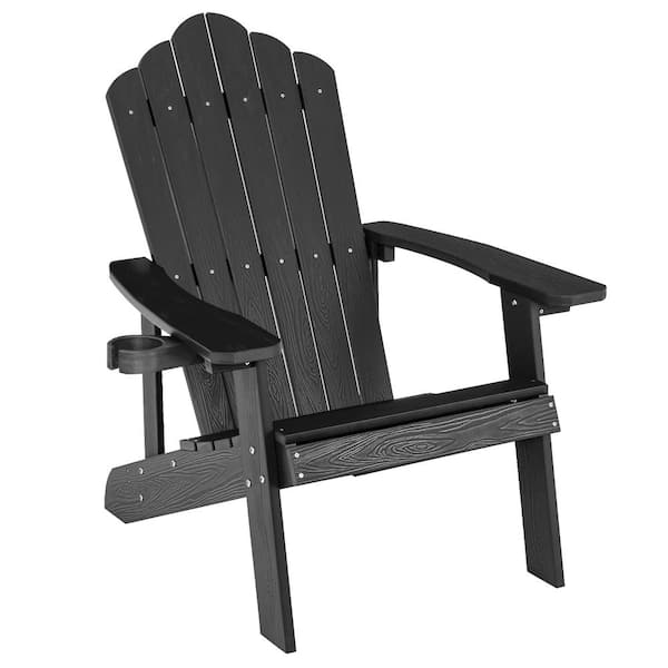 Unbranded Black High Backrest Outdoor Plastic Adirondack Chair with Cup Holder (Set of 1)