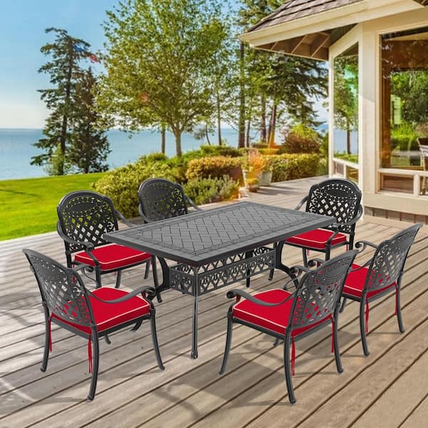 Willit Isabella Black 7-Piece Cast Aluminum Outdoor Dining Set with Rectangle Table and Dining Chairs and Random Color Cushion