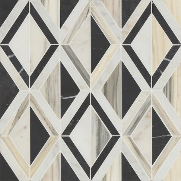 Modni Eastern White/Nero Marquina/Calacatta Zebrino 10 in. x 16 in. Geometric Honed MarbleMosaic Tile (5.6 sq. ft./Case)