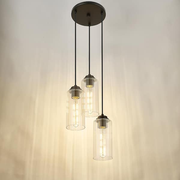 Modern 3 Light Black Pendant Light with Clear Striped Glass Shades, No Bulbs Included
