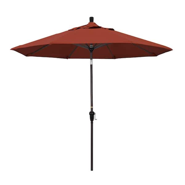 California Umbrella 9 ft. Bronze Aluminum Pole Market Aluminum Ribs Auto Tilt Crank Lift Patio Umbrella in Terracotta Sunbrella