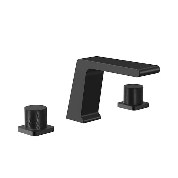 Waterfall 3-Hole Sink Faucet 8 in. Widespread Double Handle Bathroom Faucet in Matte Black Drain Included