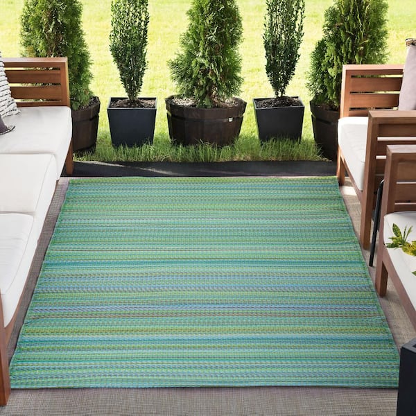 Sunset Green 9 ft. x 12 ft. Stripe Indoor/Outdoor Area Rug
